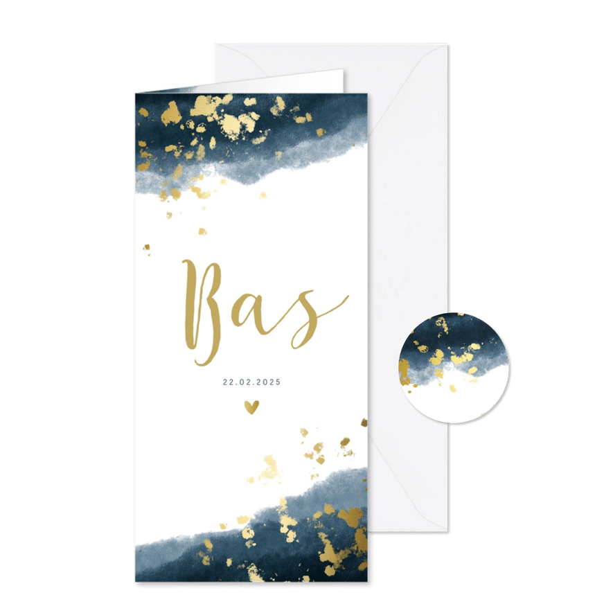 Geboortekaartje jongen gouden spetters waterverf - Kaartimpressie