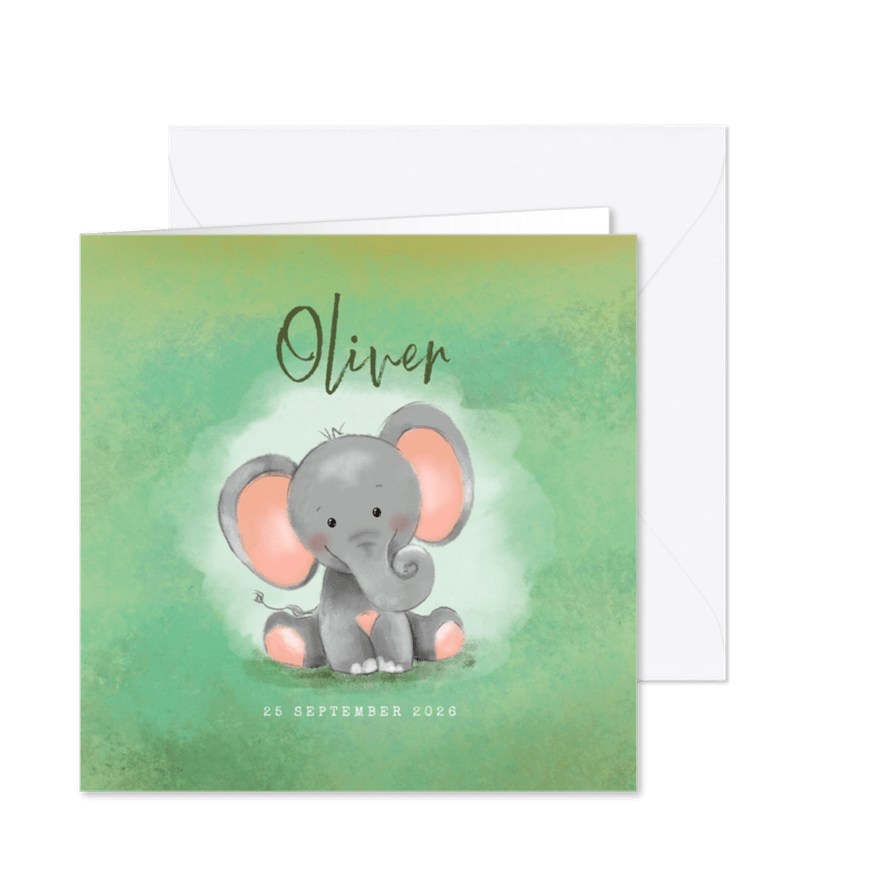 Geboortekaartje jongen groen met baby olifantje - Kaartimpressie