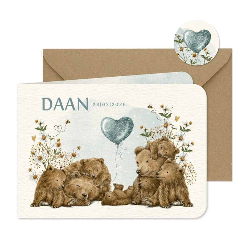 Geboortekaartje jongen groot gezin met beren - Kaartimpressie