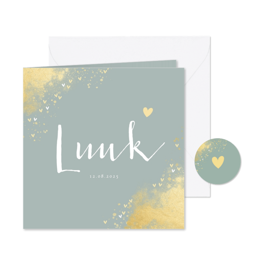 Geboortekaartje jongen hip gouden spetters en hartjes - Kaartimpressie