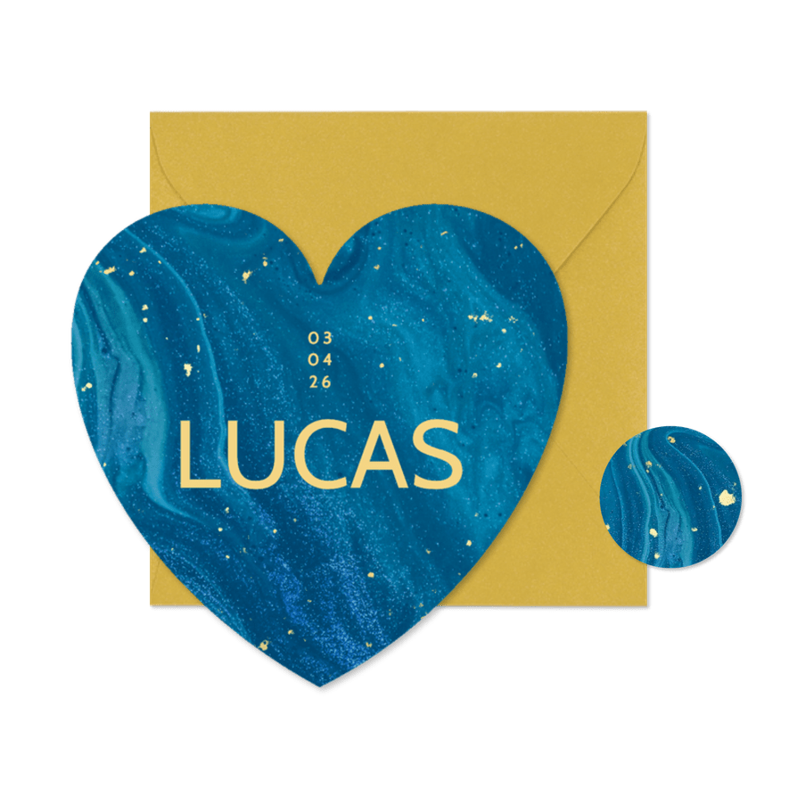 Geboortekaartje jongen in hart vorm met blauw marmer - Kaartimpressie