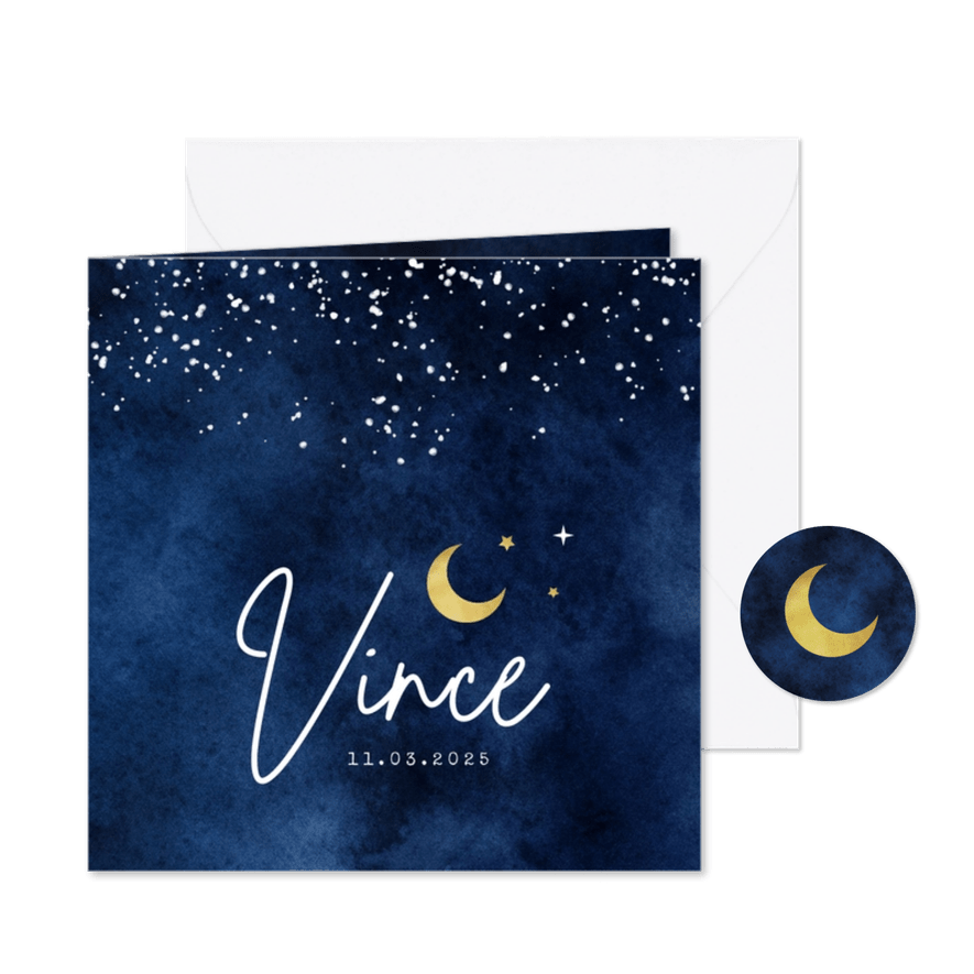 Geboortekaartje jongen inkt spetters sterren stijlvol maan - Kaartimpressie