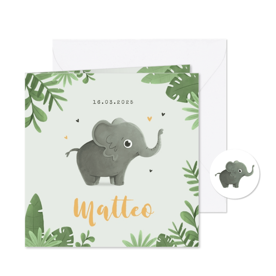 Geboortekaartje jongen jungle dier olifant hartjes - Kaartimpressie