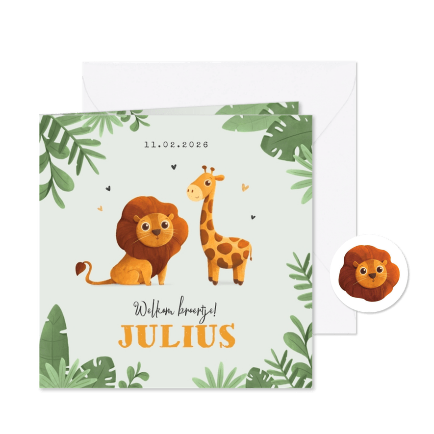 Geboortekaartje jongen jungle dieren leeuw giraf broertje - Kaartimpressie