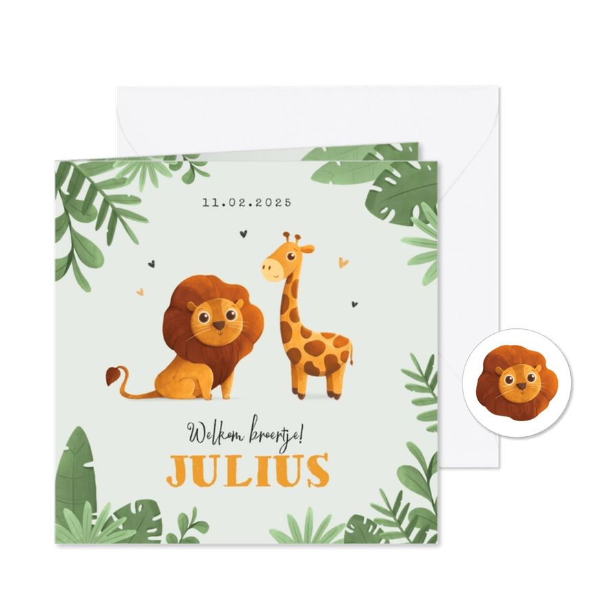 Geboortekaartje jongen jungle dieren leeuw giraf broertje - Kaartimpressie