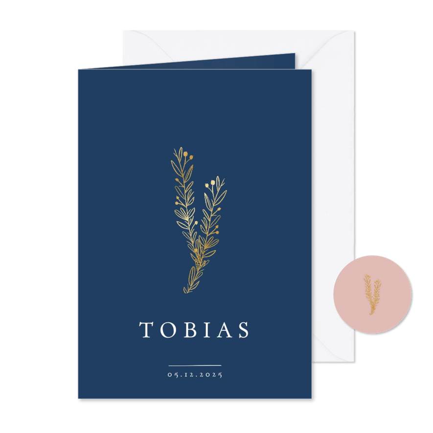 Geboortekaartje jongen klassiek met gouden takjes - Kaartimpressie