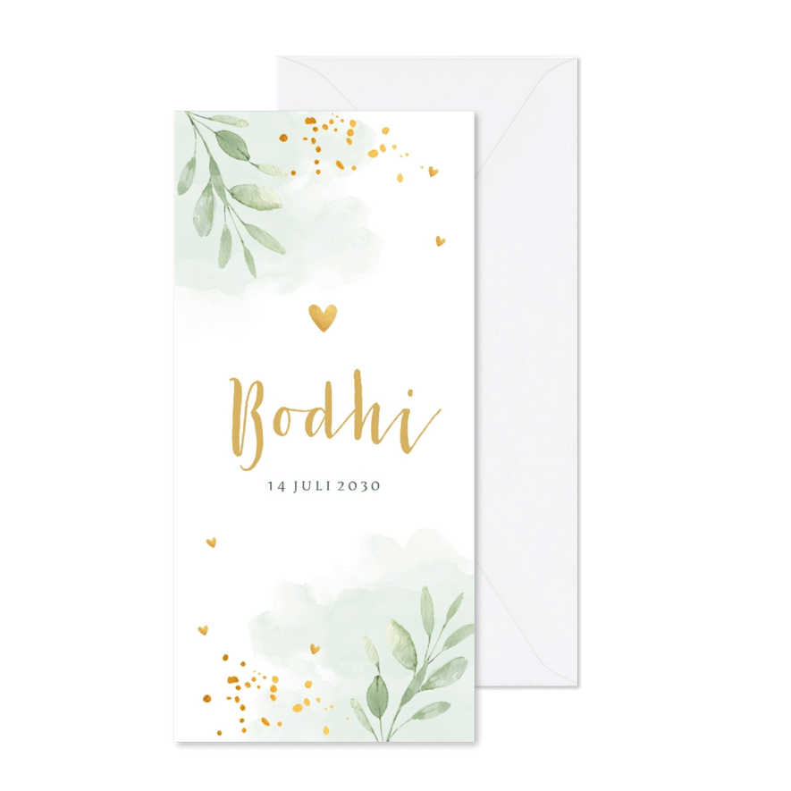 Geboortekaartje jongen langwerpig groen waterverf bladeren - Kaartimpressie