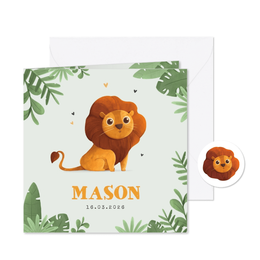 Geboortekaartje jongen leeuw jungle dieren hartjes - Kaartimpressie