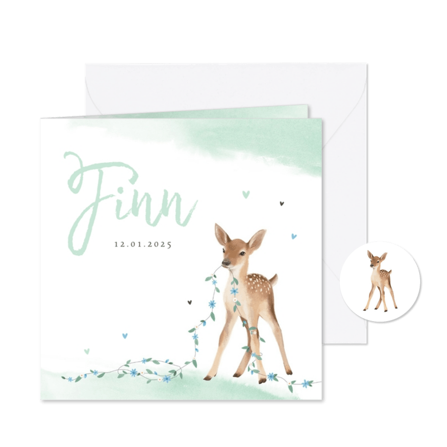 Geboortekaartje jongen lief hertje bloemen lente waterverf - Kaartimpressie