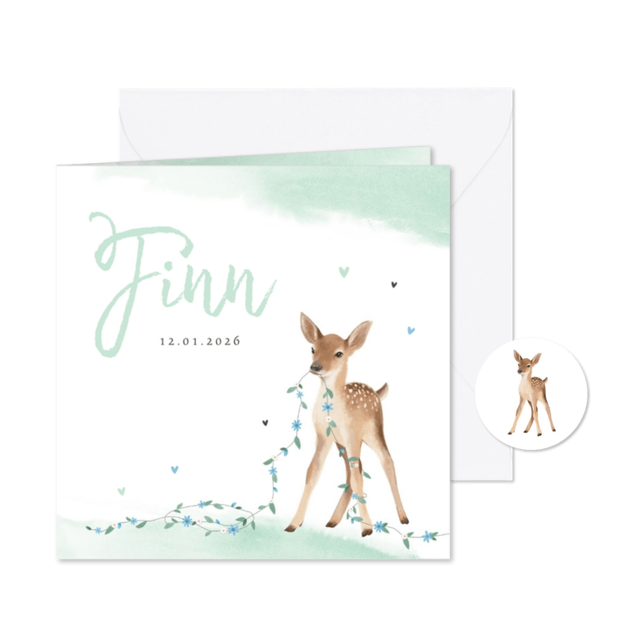 Geboortekaartje jongen lief hertje bloemen lente waterverf - Kaartimpressie