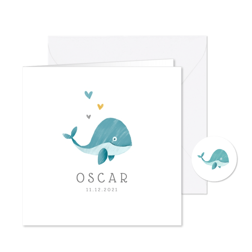 Geboortekaartje jongen lief met walvisje - Kaartimpressie