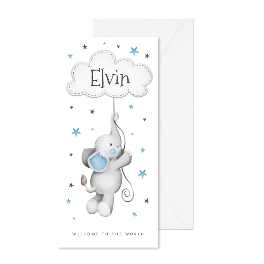 geboortekaartje jongen lief sterretjes wolkje olifantje - Kaartimpressie