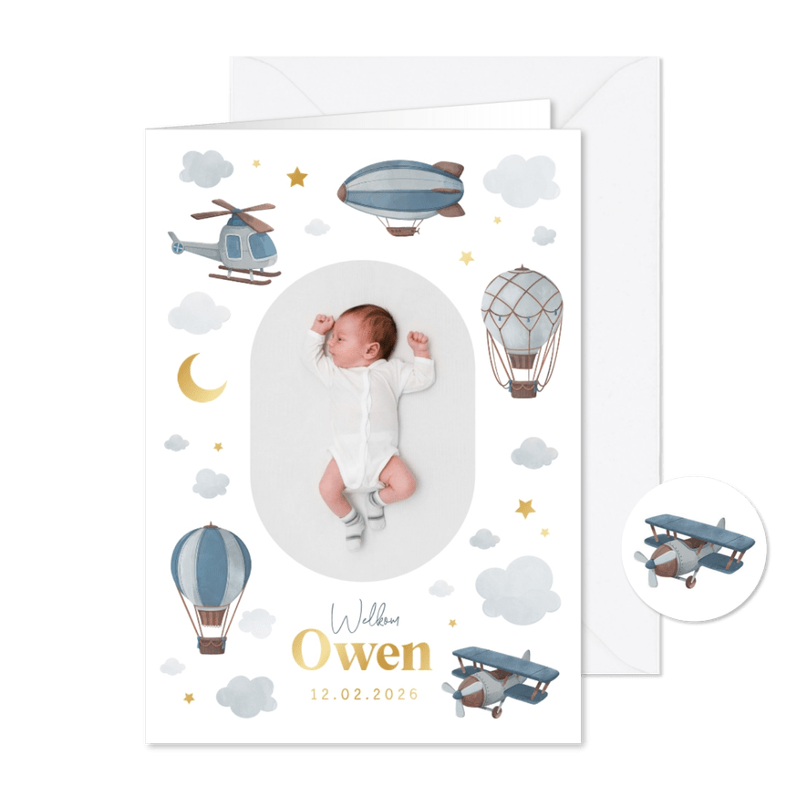 Geboortekaartje jongen luchtvaartuigen wolken maan sterren - Kaartimpressie