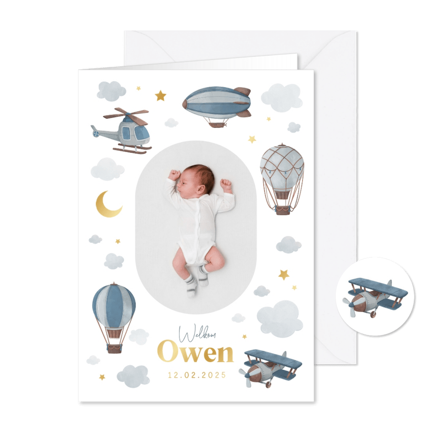 Geboortekaartje jongen luchtvaartuigen wolken maan sterren - Kaartimpressie