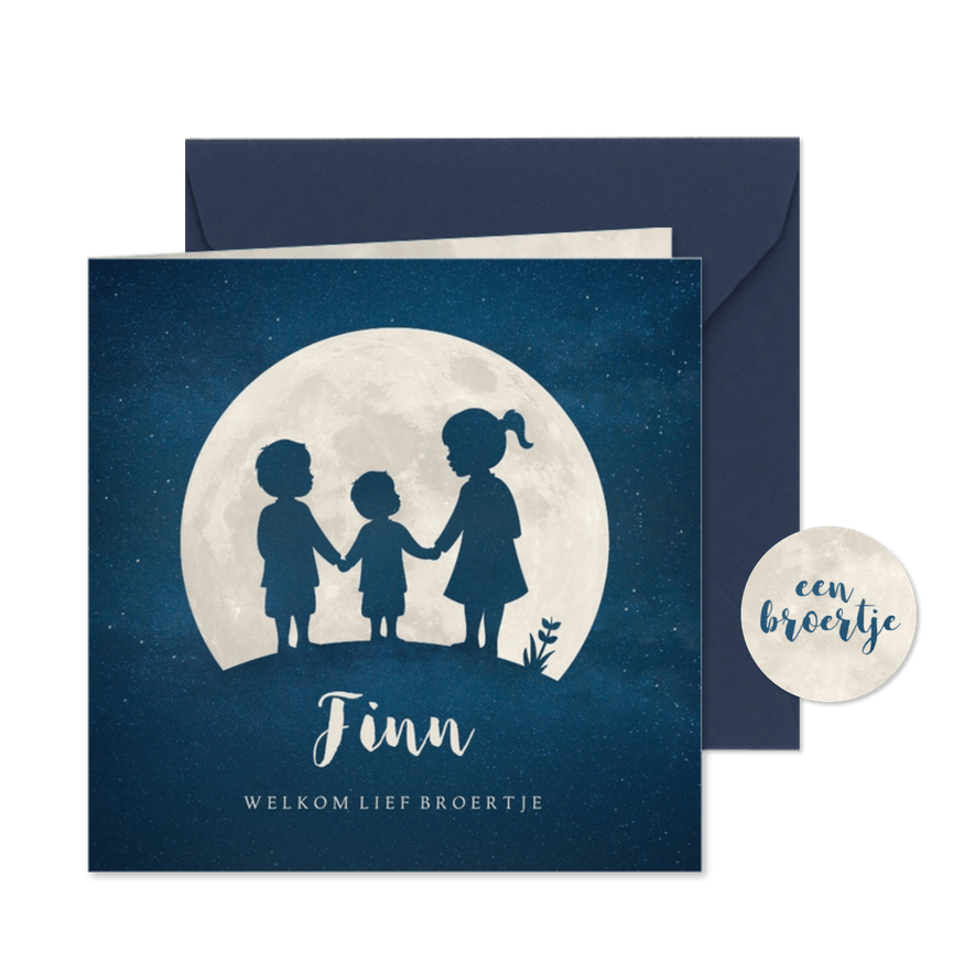 Geboortekaartje jongen Maan met silhouet van 3 kinderen - Kaartimpressie