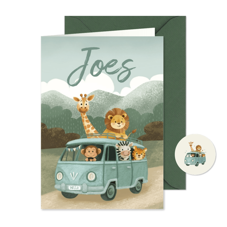 Geboortekaartje jongen met dieren in een busje - Kaartimpressie