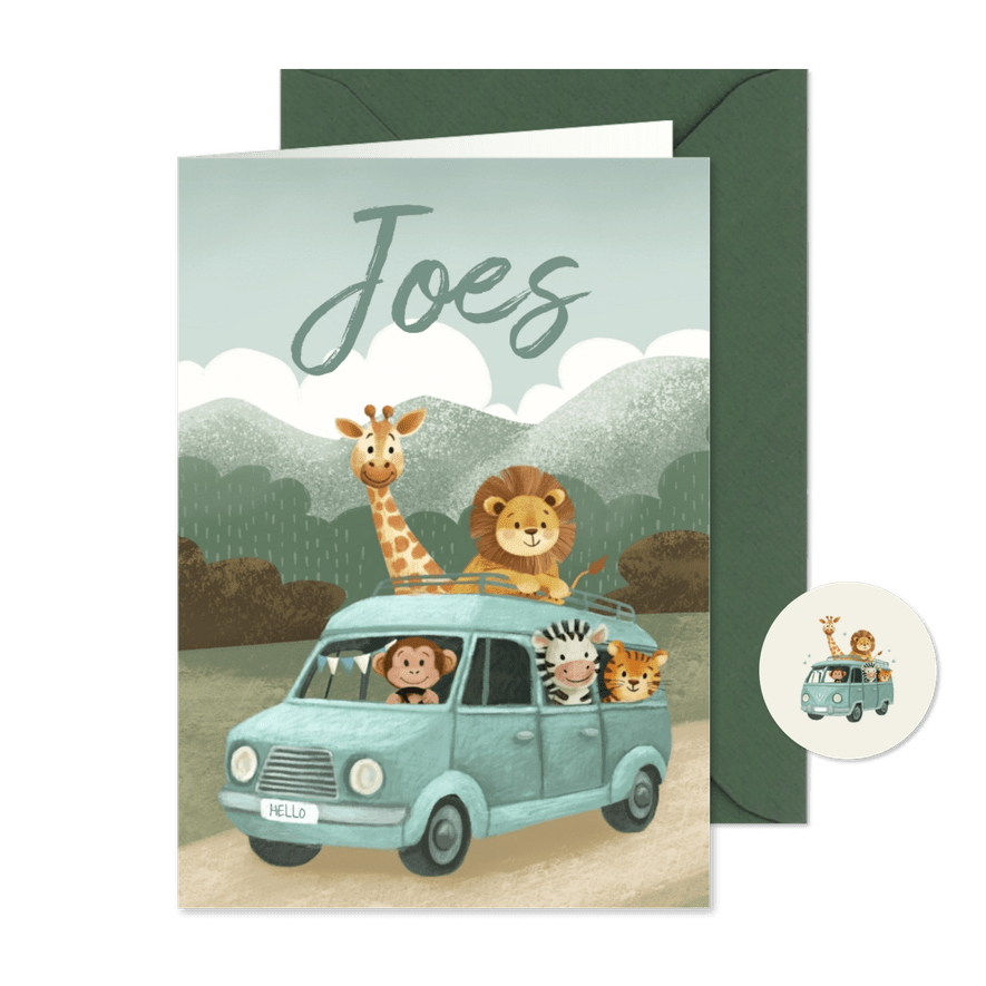 Geboortekaartje jongen met dieren in een busje - Kaartimpressie