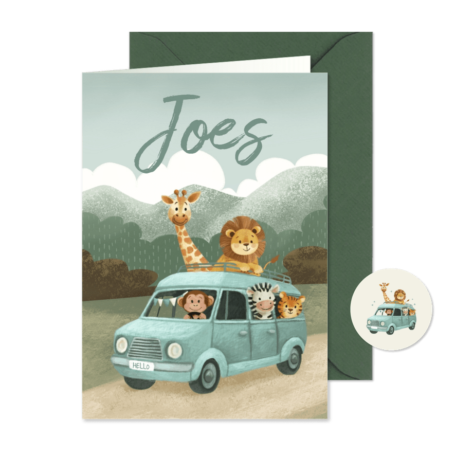 Geboortekaartje jongen met dieren in een busje - Kaartimpressie