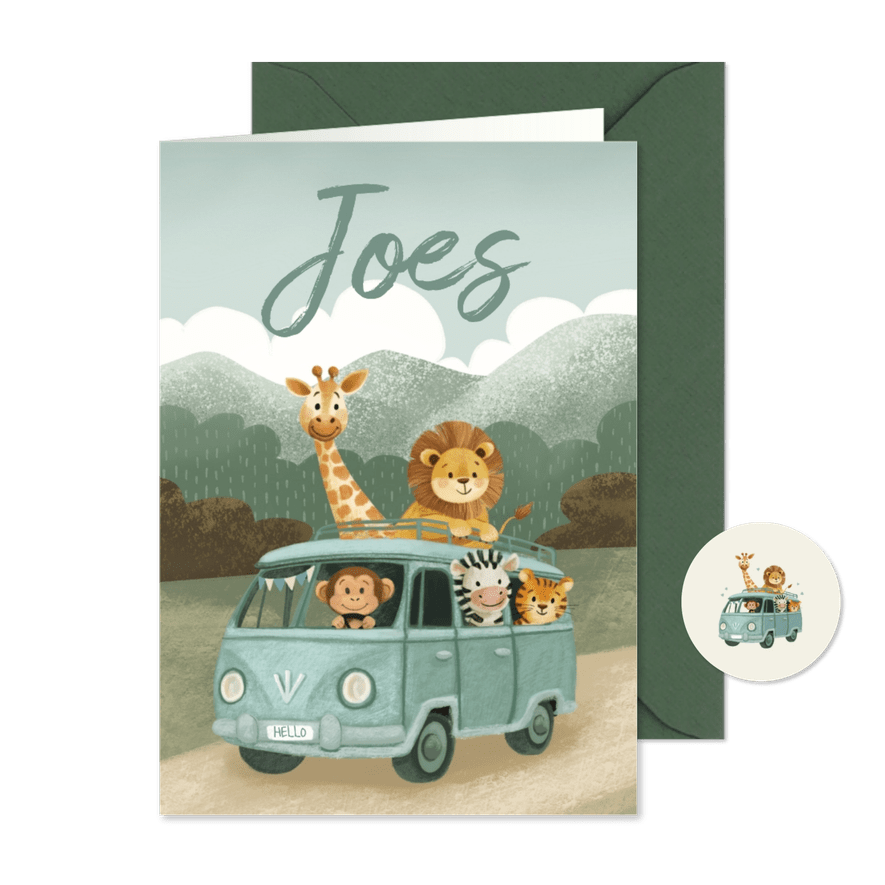Geboortekaartje jongen met dieren in een busje - Kaartimpressie