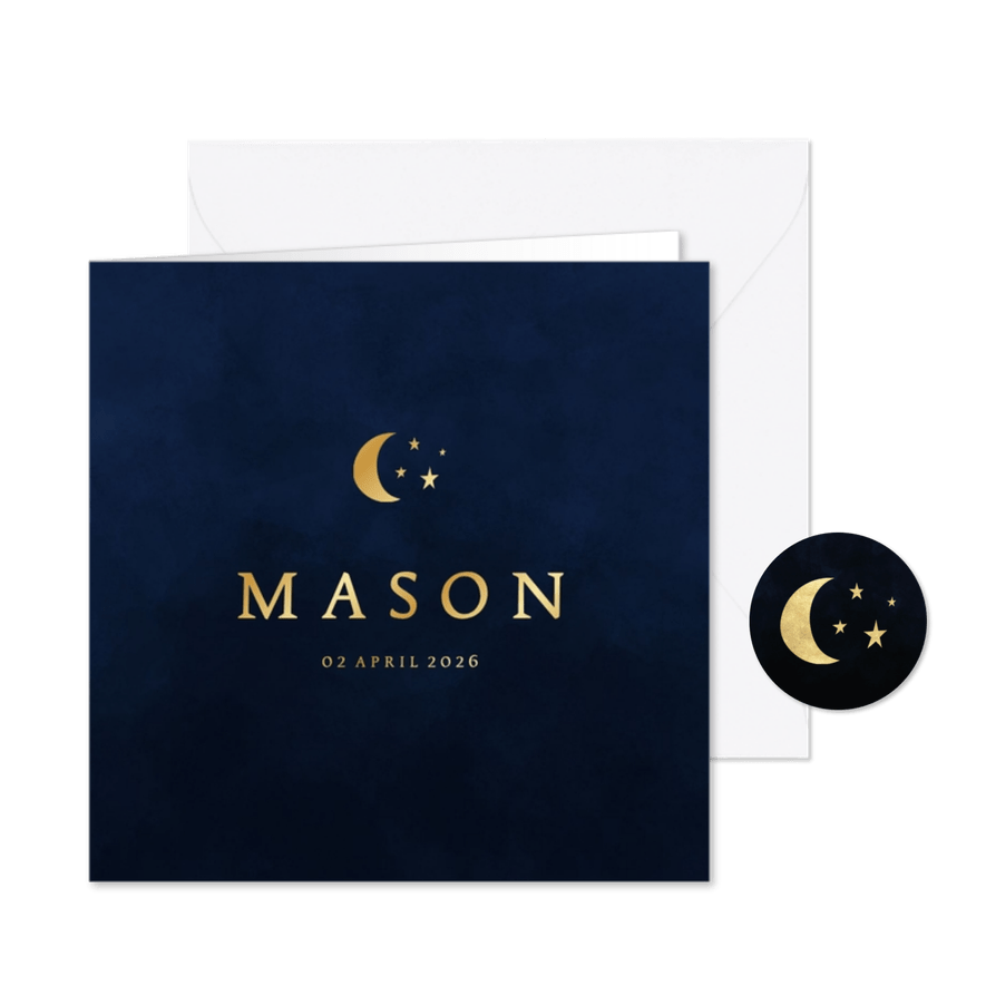 Geboortekaartje jongen met foliedruk sterren en maantje - Kaartimpressie