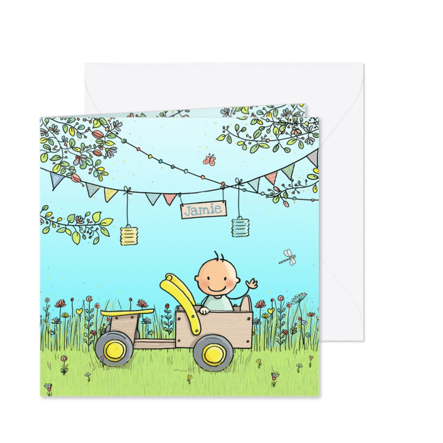 Geboortekaartje jongen met houten kar - Kaartimpressie