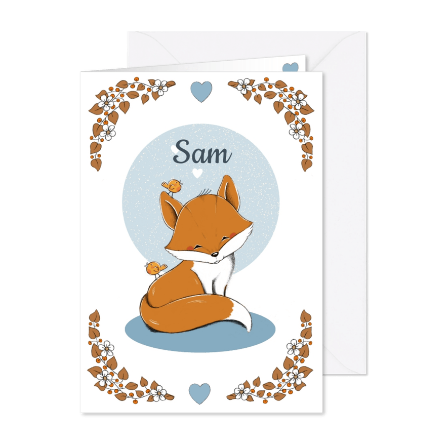 Geboortekaartje jongen met lief vosje en vogeltjes - Kaartimpressie