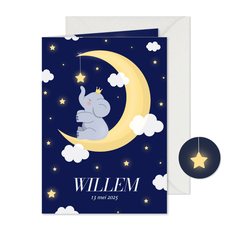Geboortekaartje jongen met olifantje op maan met sterretjes - Kaartimpressie