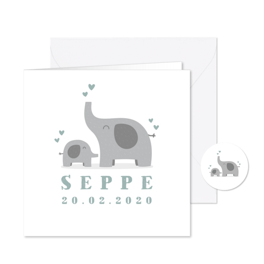 Geboortekaartje jongen met olifantjes en hartjes - Kaartimpressie
