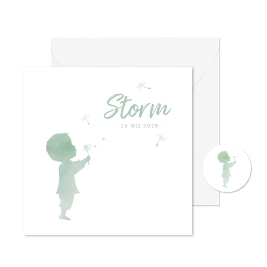 Geboortekaartje jongen met paardenbloem waterverf silhouet - Kaartimpressie