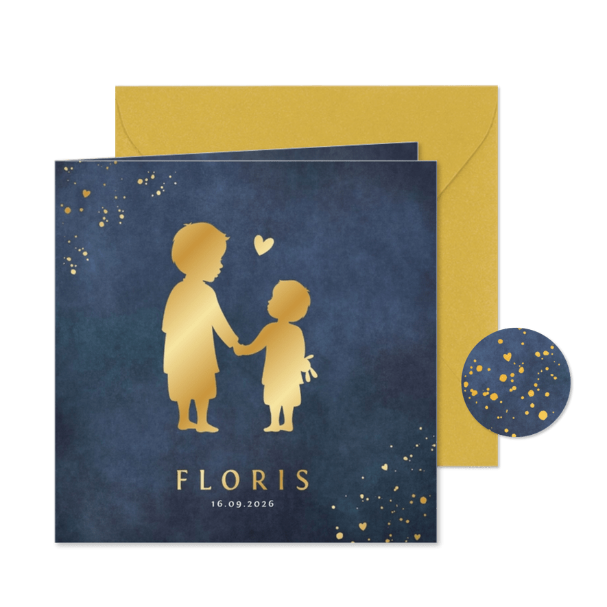 Geboortekaartje jongen met silhouet van 2 broers in goud - Kaartimpressie