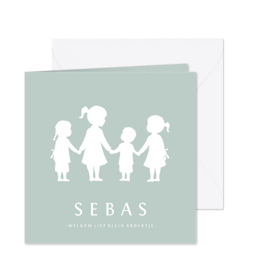 Geboortekaartje jongen met silhouet van 4 kinderen  - Kaartimpressie