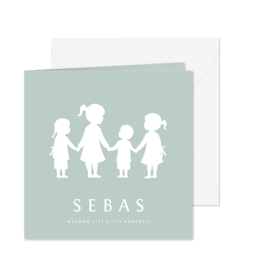 Geboortekaartje jongen met silhouet van 4 kinderen  - Kaartimpressie