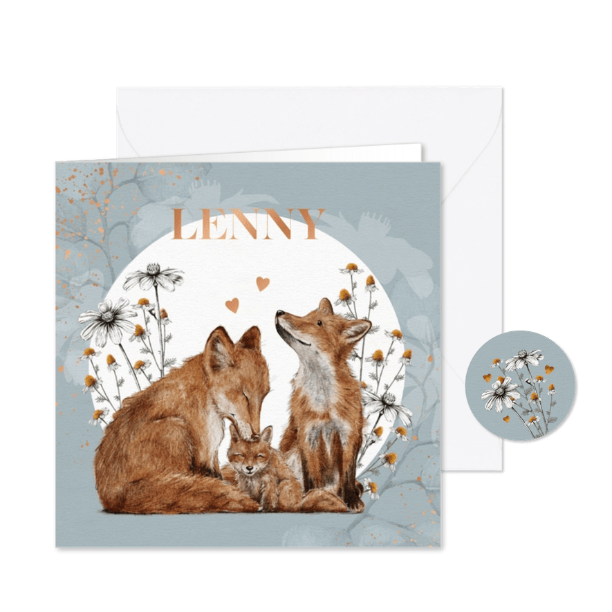 Geboortekaartje jongen met vosjes tussen de bloemen - Kaartimpressie