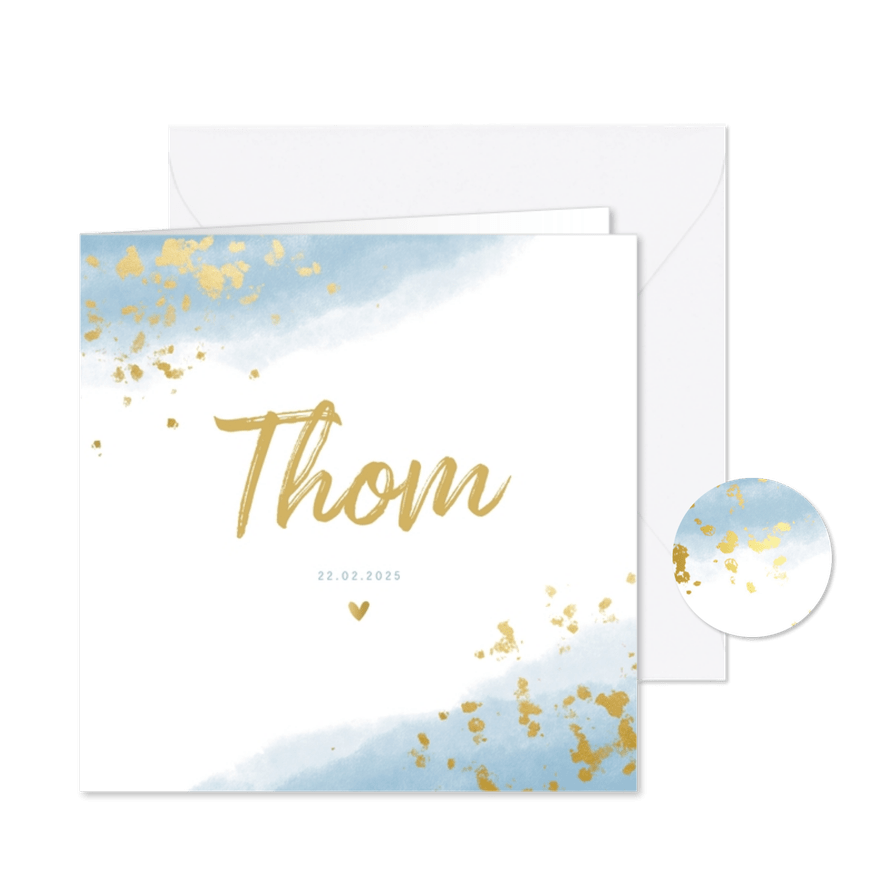 Geboortekaartje jongen met waterverf en gouden spetters - Kaartimpressie