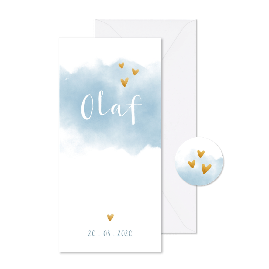 Geboortekaartje jongen met waterverf en hartjes langwerpig - Kaartimpressie