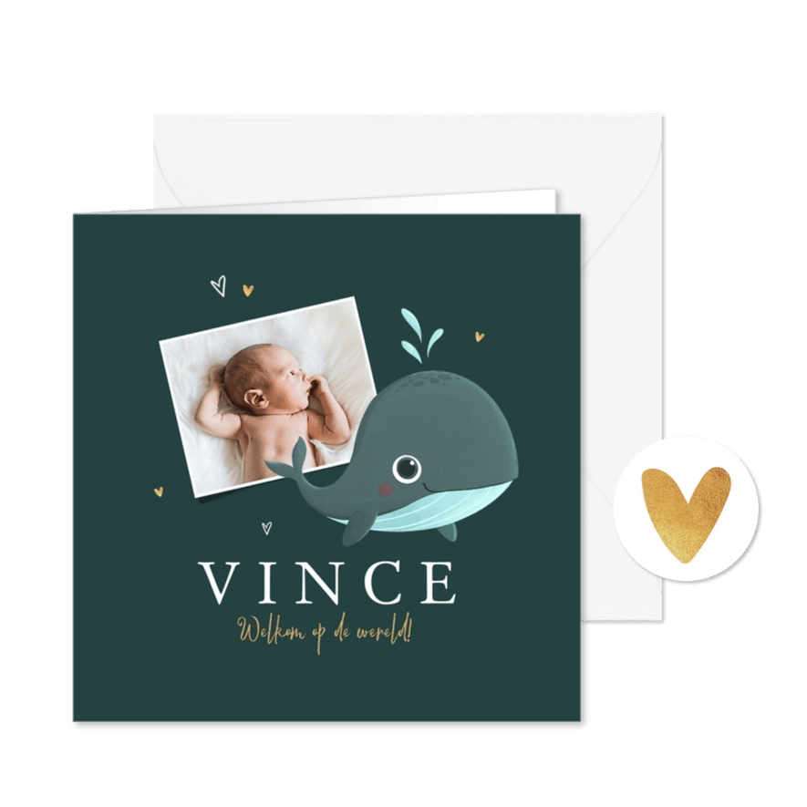 Geboortekaartje jongen oceaan walvis foto hartjes - Kaartimpressie
