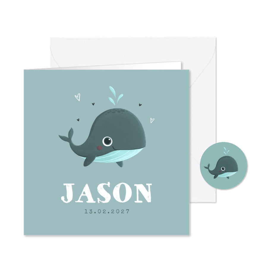 Geboortekaartje jongen oceaan walvis hartjes blauw - Kaartimpressie