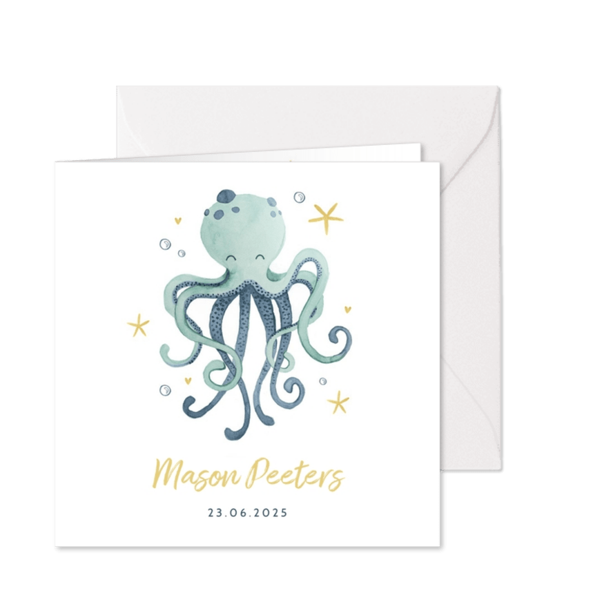 Geboortekaartje jongen octopus oceaan sterren hartjes - Kaartimpressie