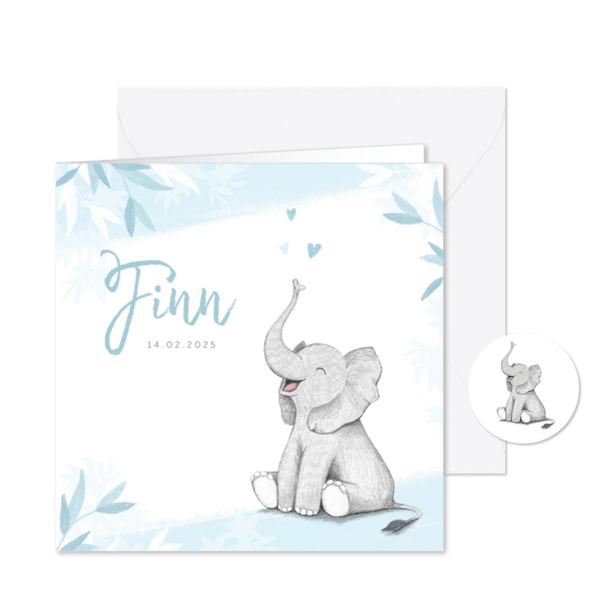 Geboortekaartje jongen olifant dieren blauw illustratie - Kaartimpressie