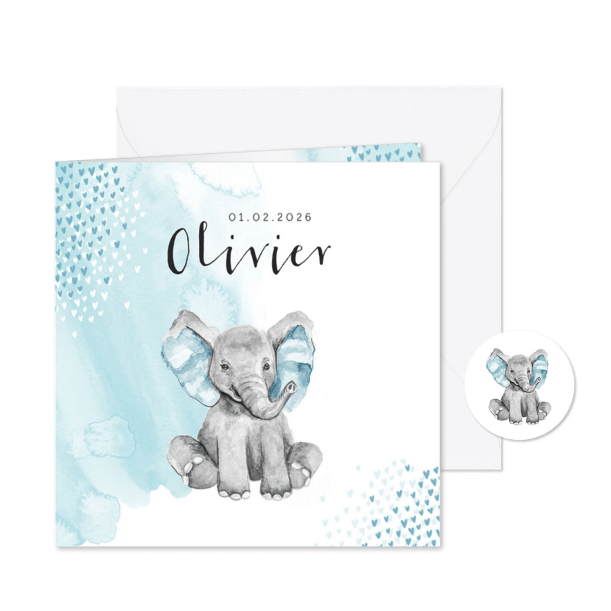 Geboortekaartje jongen olifant waterverf hartjes blauw - Kaartimpressie