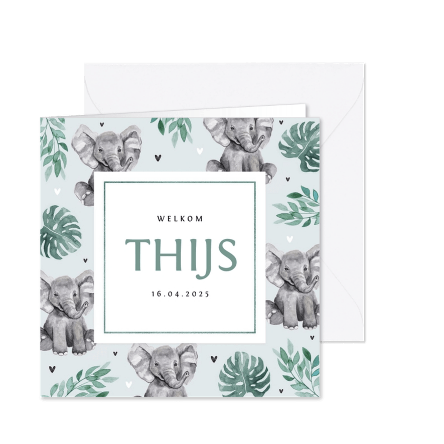 Geboortekaartje jongen olifantjes patroon botanisch - Kaartimpressie