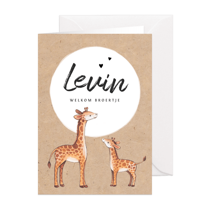 Geboortekaartje jongen op kraftlook papier met giraffe's - Kaartimpressie