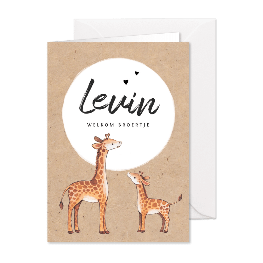 Geboortekaartje jongen op kraftlook papier met giraffe's - Kaartimpressie