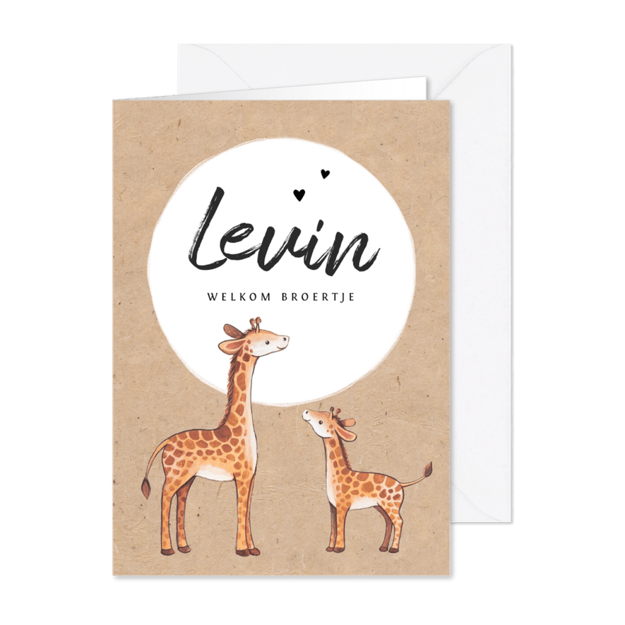 Geboortekaartje jongen op kraftlook papier met giraffe's - Kaartimpressie