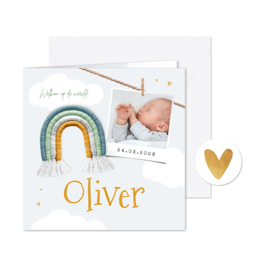 Geboortekaartje jongen regenboog foto hartjes wolken - Kaartimpressie