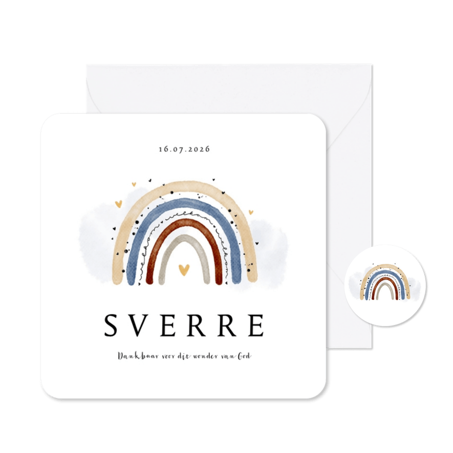 Geboortekaartje jongen regenboog waterverf lief hartjes - Kaartimpressie