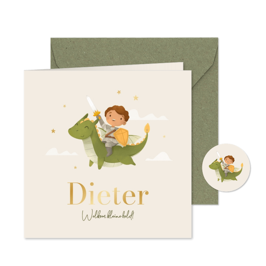 Geboortekaartje jongen ridder draak sprookje sterren - Kaartimpressie