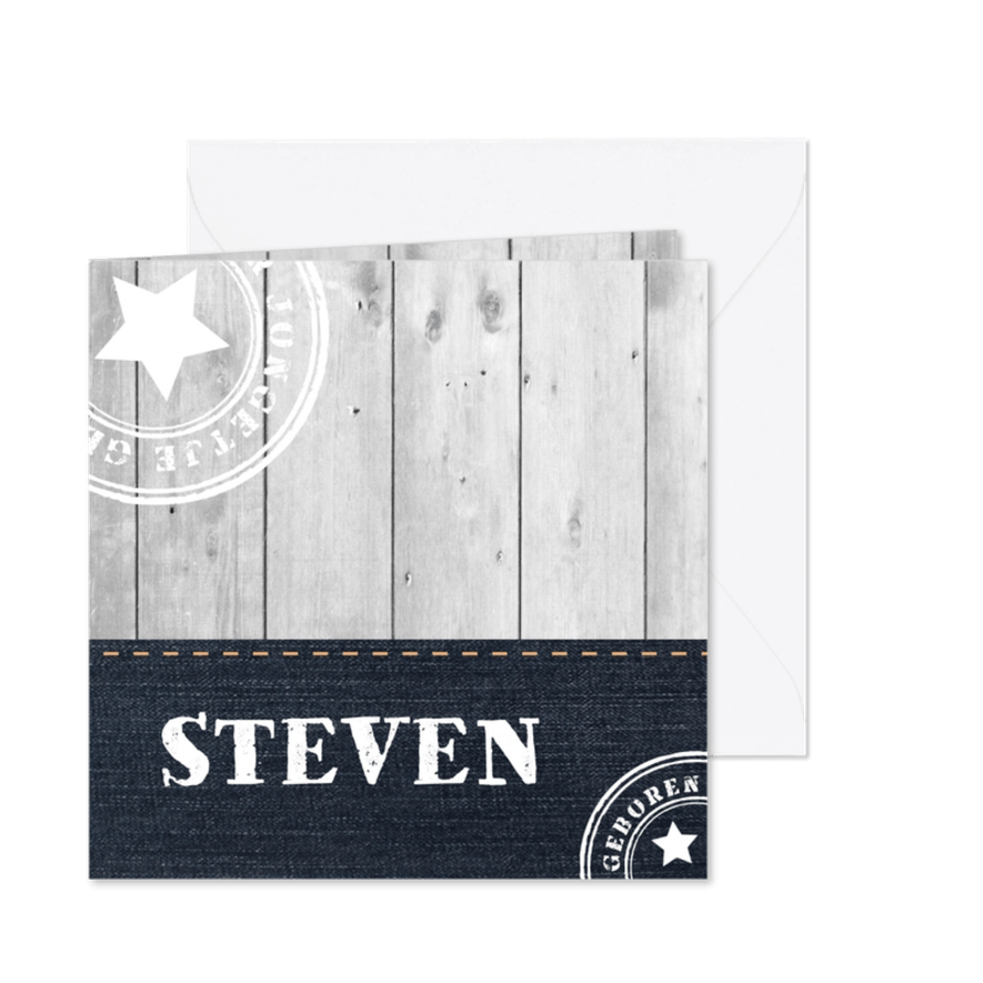 Geboortekaartje jongen spijkerstof hout - Kaartimpressie
