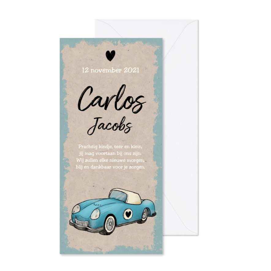 Geboortekaartje jongen stoer en vintage met auto en kraft - Kaartimpressie