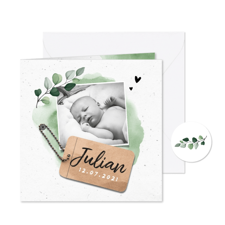 Geboortekaartje jongen stoer lief met waterverf en label - Kaartimpressie